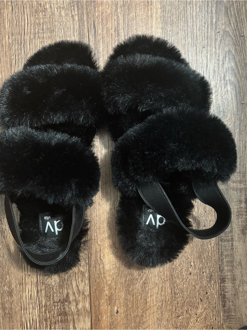 DV by Dolce Vita Black Faux-Fur Double Strap Slide Sandals